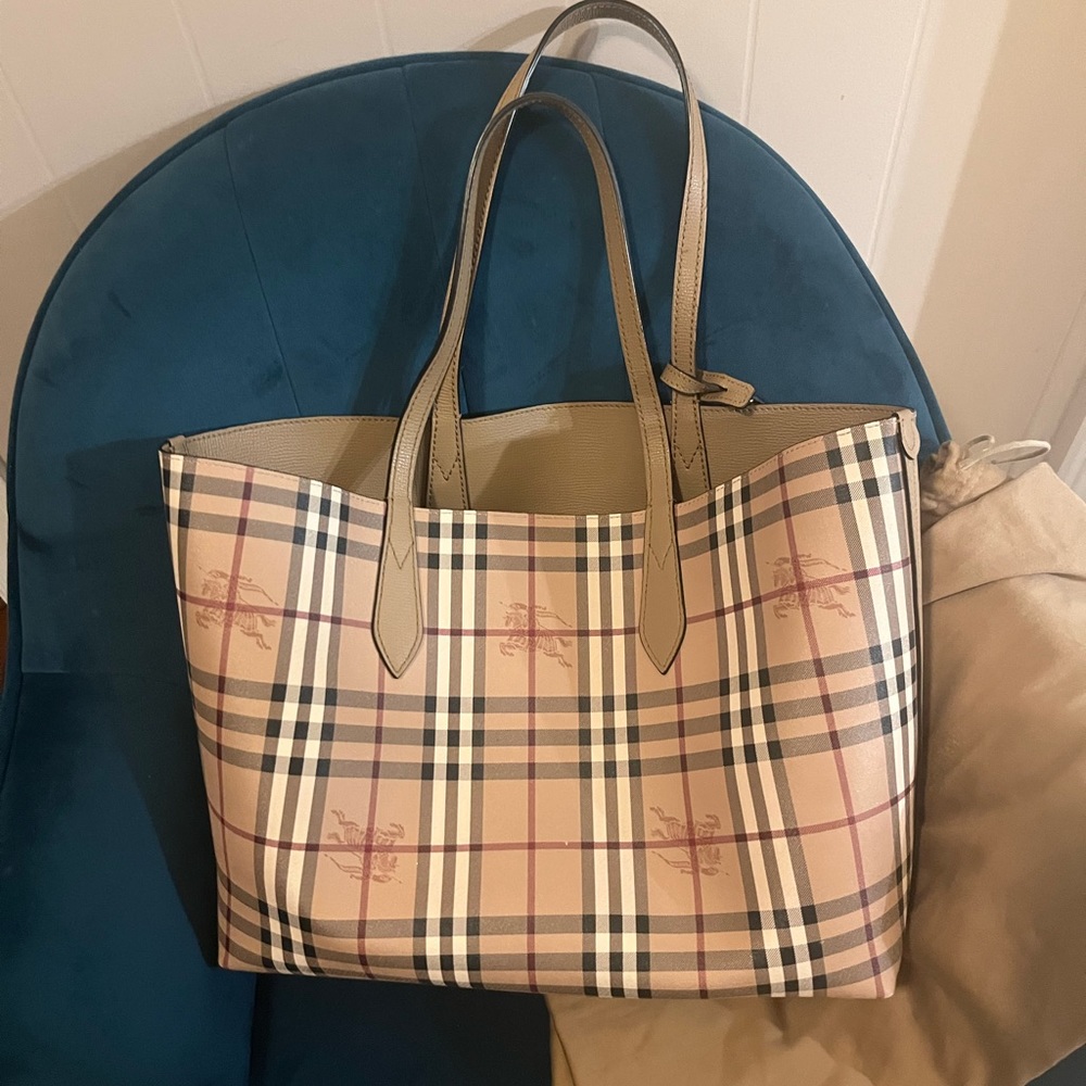 Burberry Beige and Tan Checkered Tote Bag